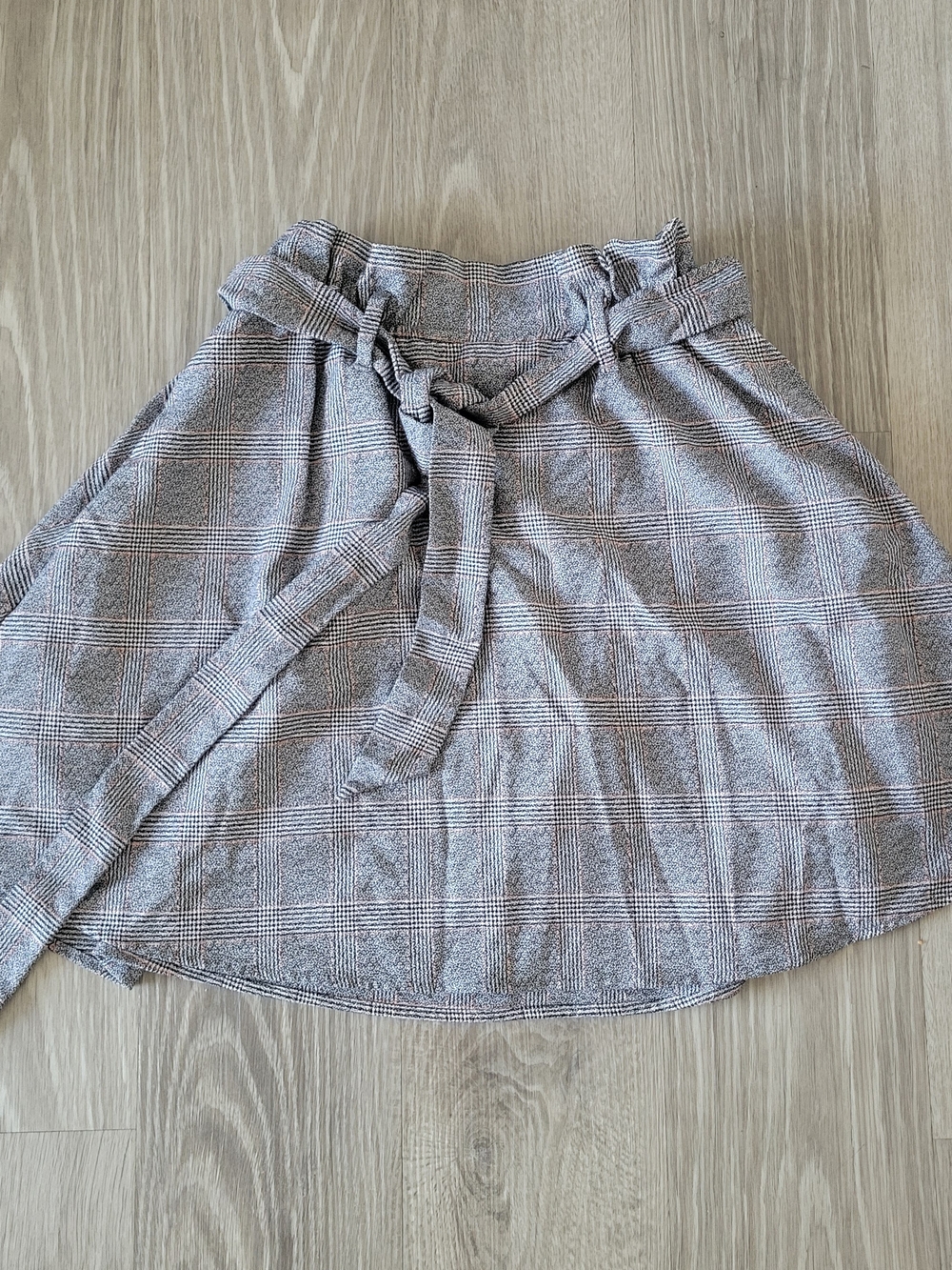 H&M Gray & Orange Preppy Plaid Paperbag Tie-Waist Mini Skater Skirt Size Small
